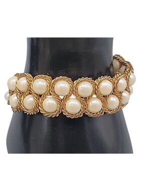 Vintage Imitation Pearl Double Woven Row Bracelet Gold Tone 6" Iridescent Glow